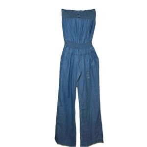NWT Boom Boom Jeans Denim Jumpsuit Romper Strapless Smocked Wide Leg Medium Y2K